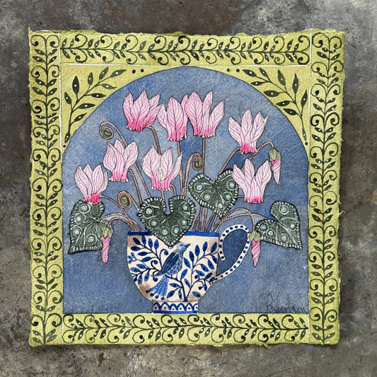 Original, Watercolour Cyclamen flowers in a Delft Teacup.