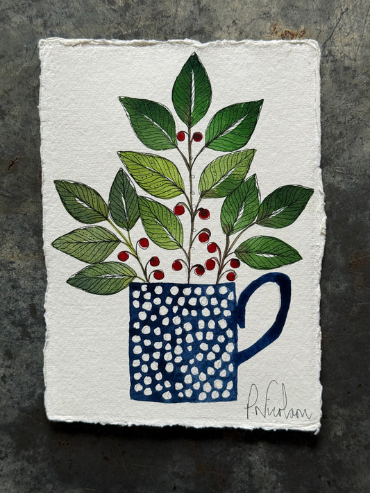 Original, A6 Watercolour Festive leaves in a Mug.