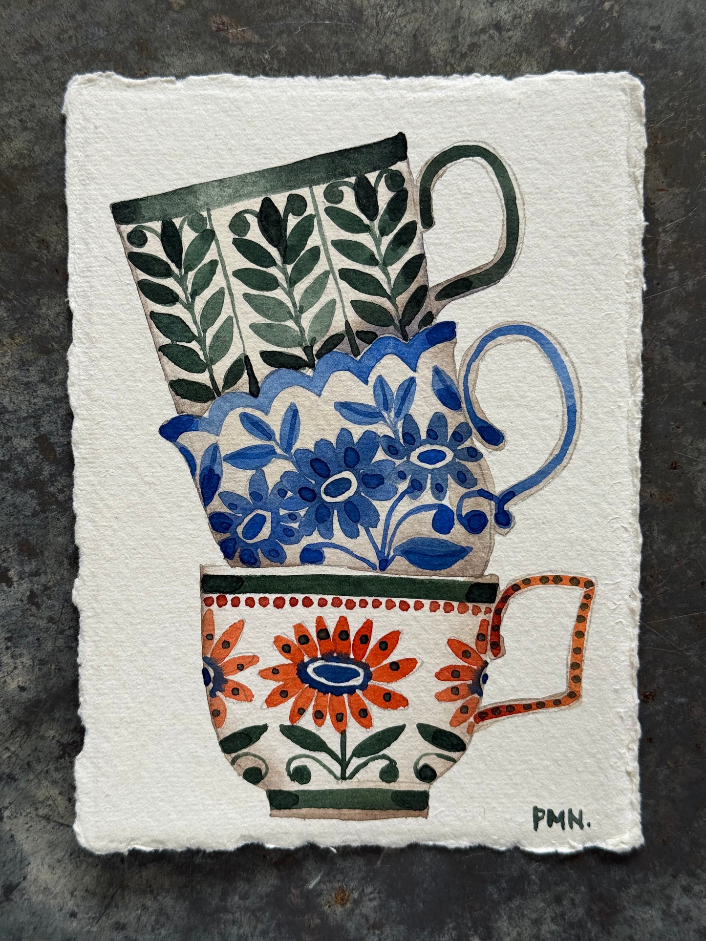 A6, Original Watercolour Stacked Teacups (E)