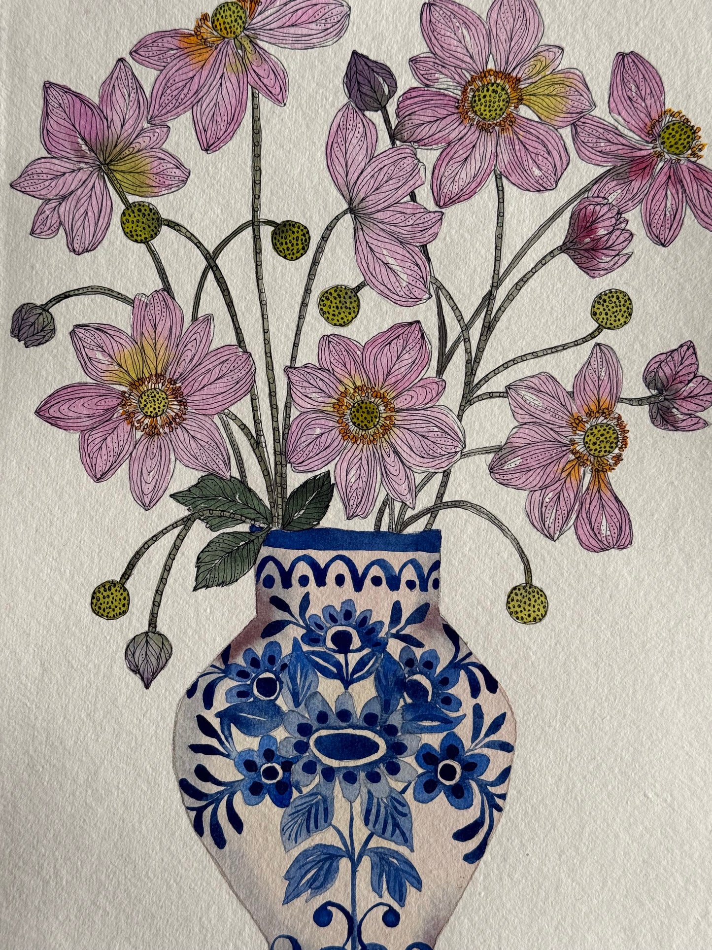 Original, A4 Watercolour Anemones in a Delft Vase