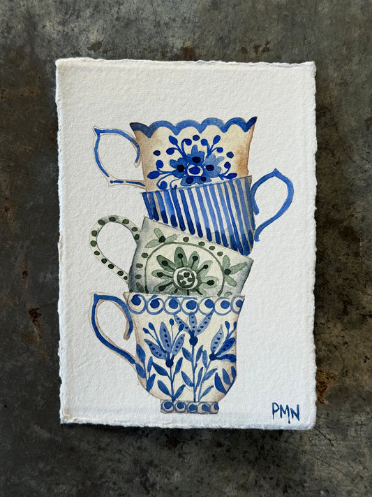 A6, original watercolour Stacked Teacups (a)