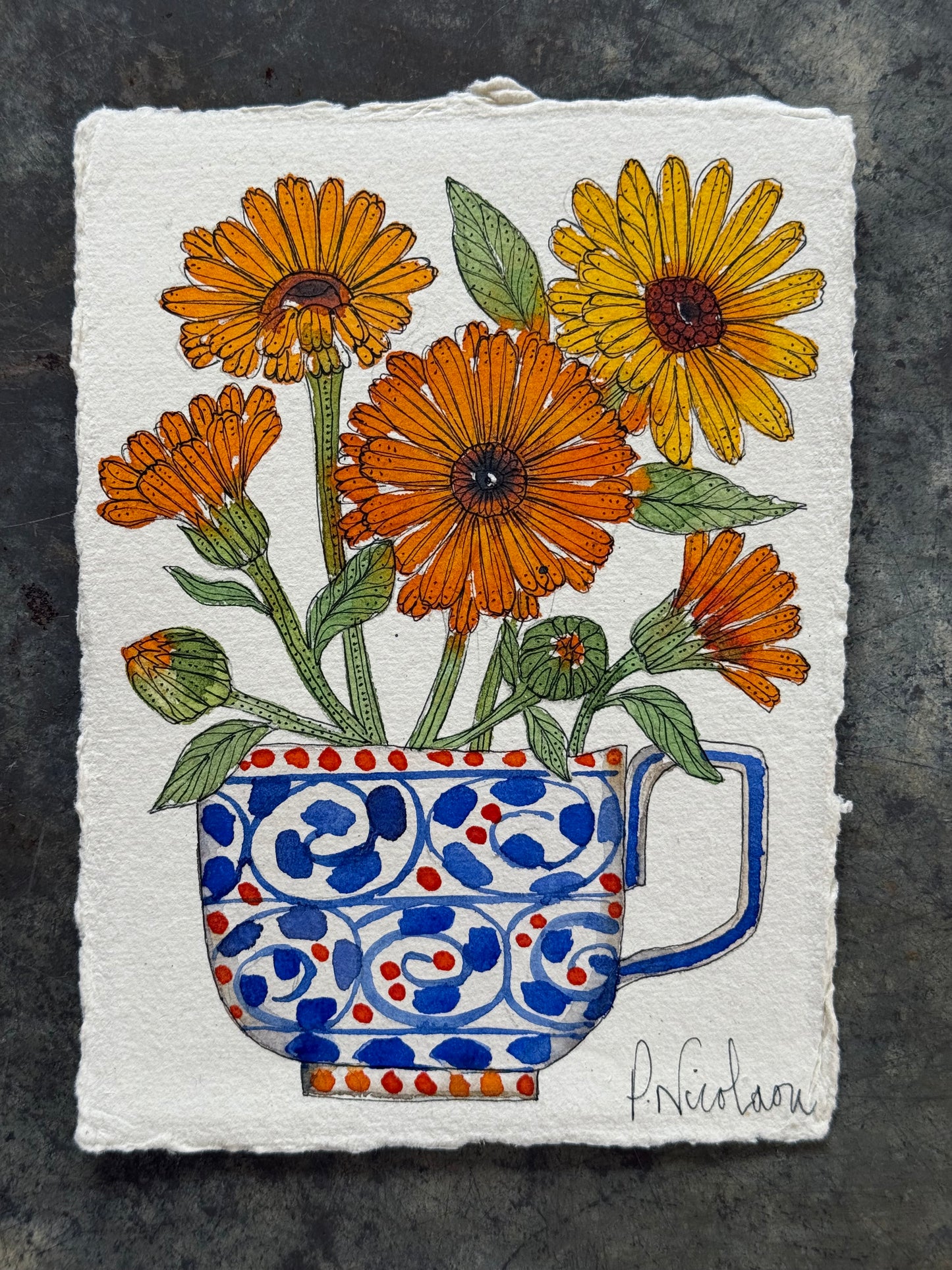 A6, original Watercolour & Pen Pot Marigolds