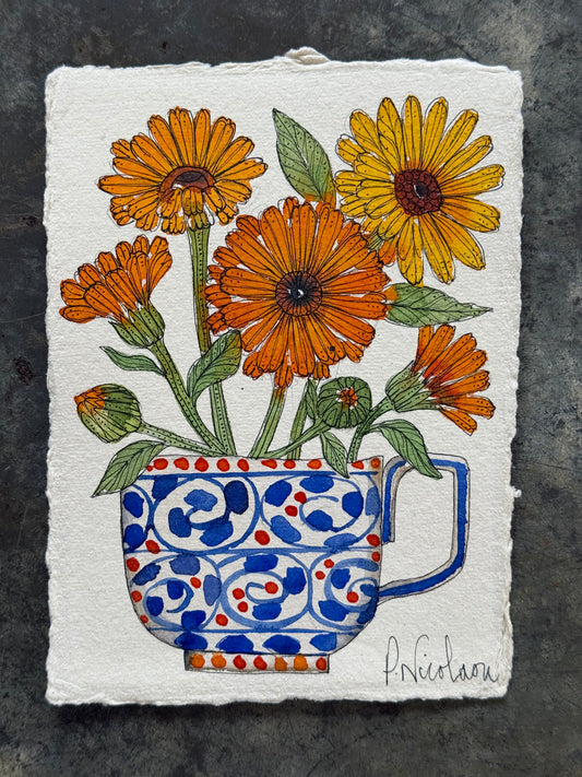 A6, original Watercolour & Pen Pot Marigolds