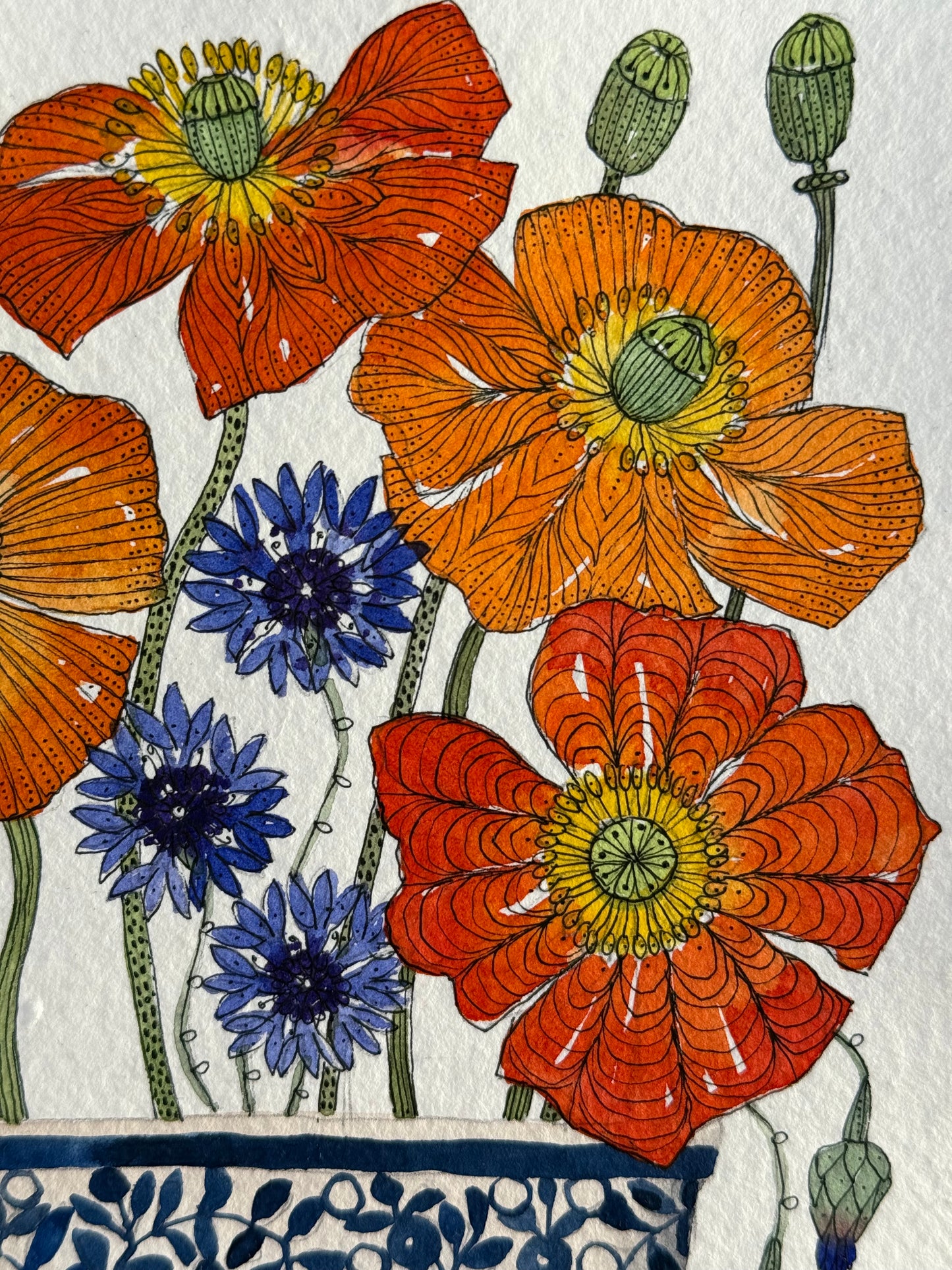Original, A5 watercolour painting of Cornflowers & poppies
