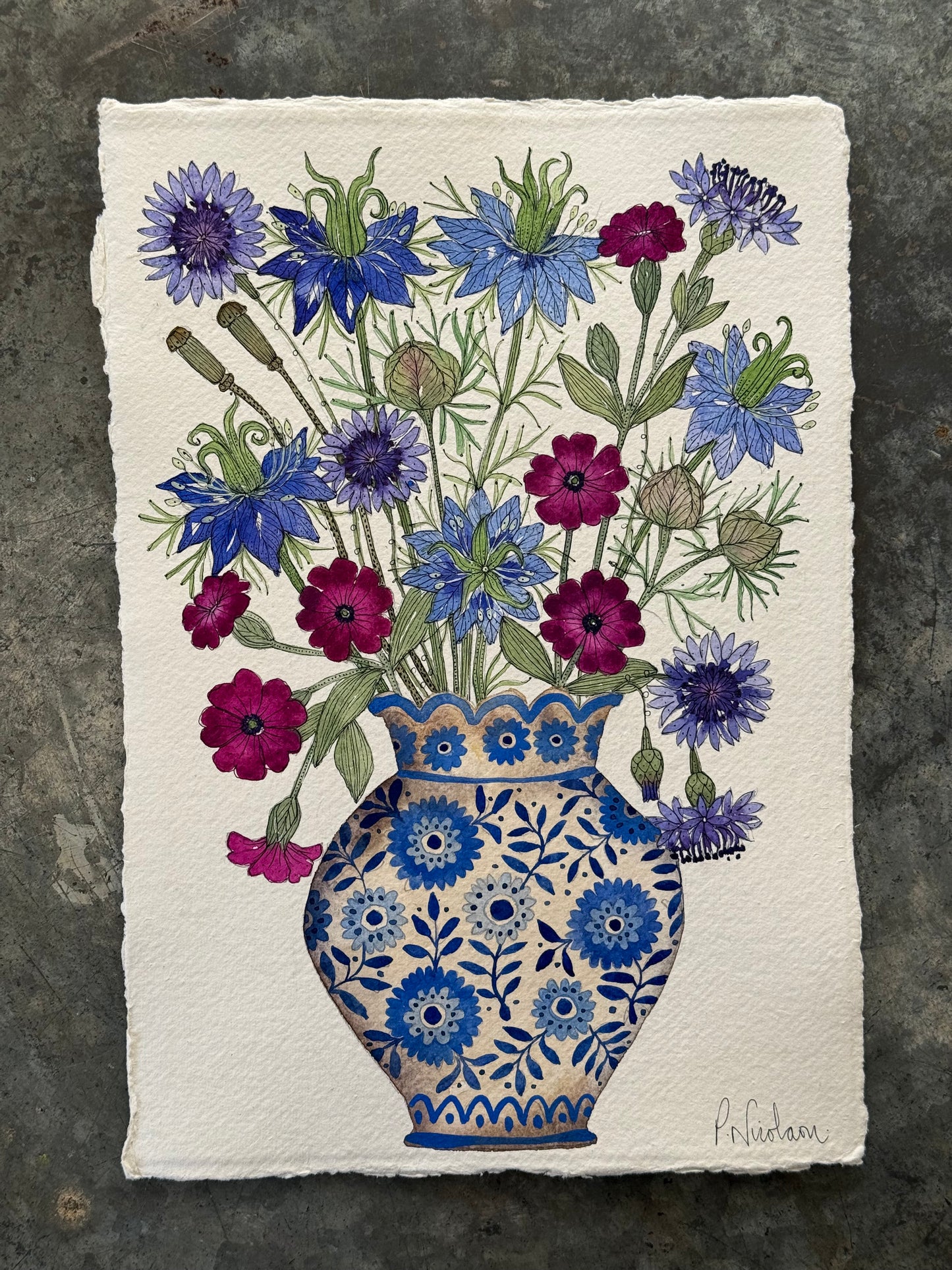 Original Watercolour Cornflowers, Lychnis and Love in a Mist.