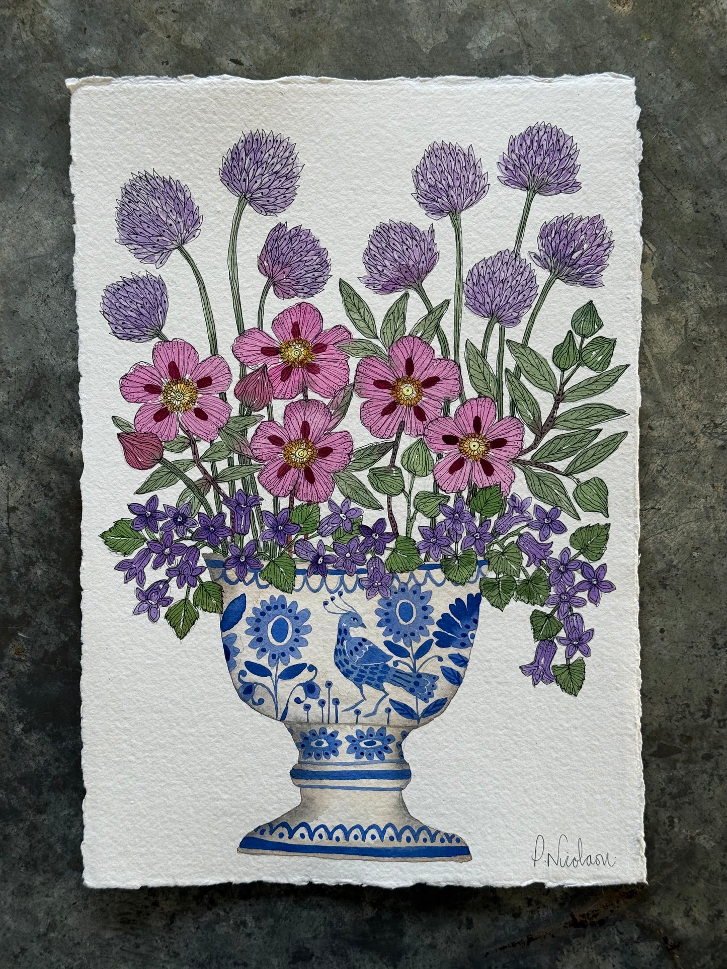 A4, Original Watercolour & Pen Cistus, Campanula & Chive Flowers