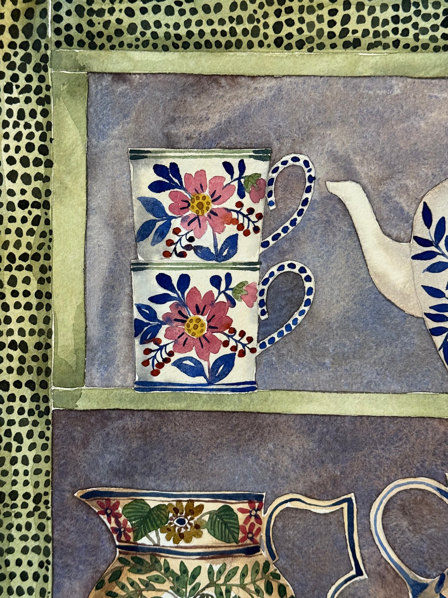 Original, Large Watercolour Stacked Teacups, Jugs & a Teapot