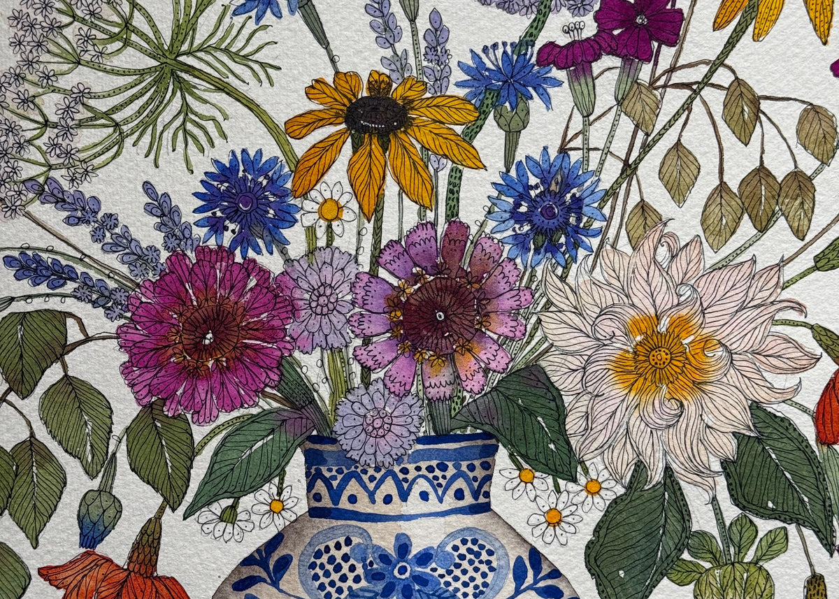 A detailed botanical illustration featuring a colorful bouquet of wildflowers in a blue and white patterned ceramic vase, set against a textured off-white background.