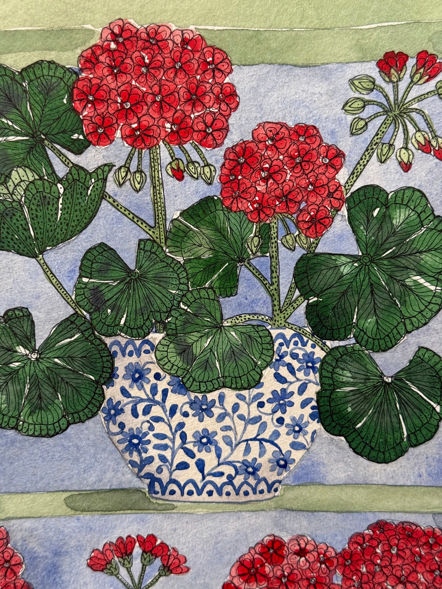 Original (A4) Geraniums on the windowsill, Watercolour Painting.