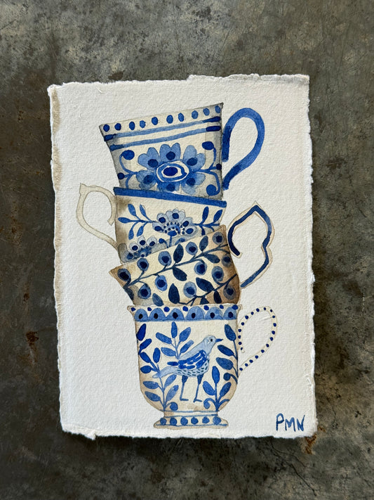 A6, original watercolour Stacked Teacups (d)