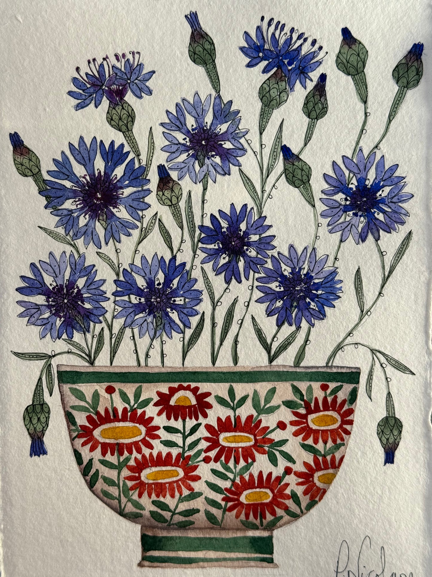 Original, A5 watercolour painting of Cornflowers in a Ceramic Vessel.