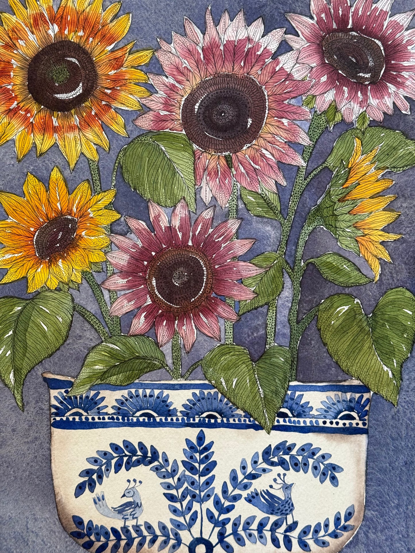 A3, Original Watercolour Sunflowers in a Delft Inspired Vessel.