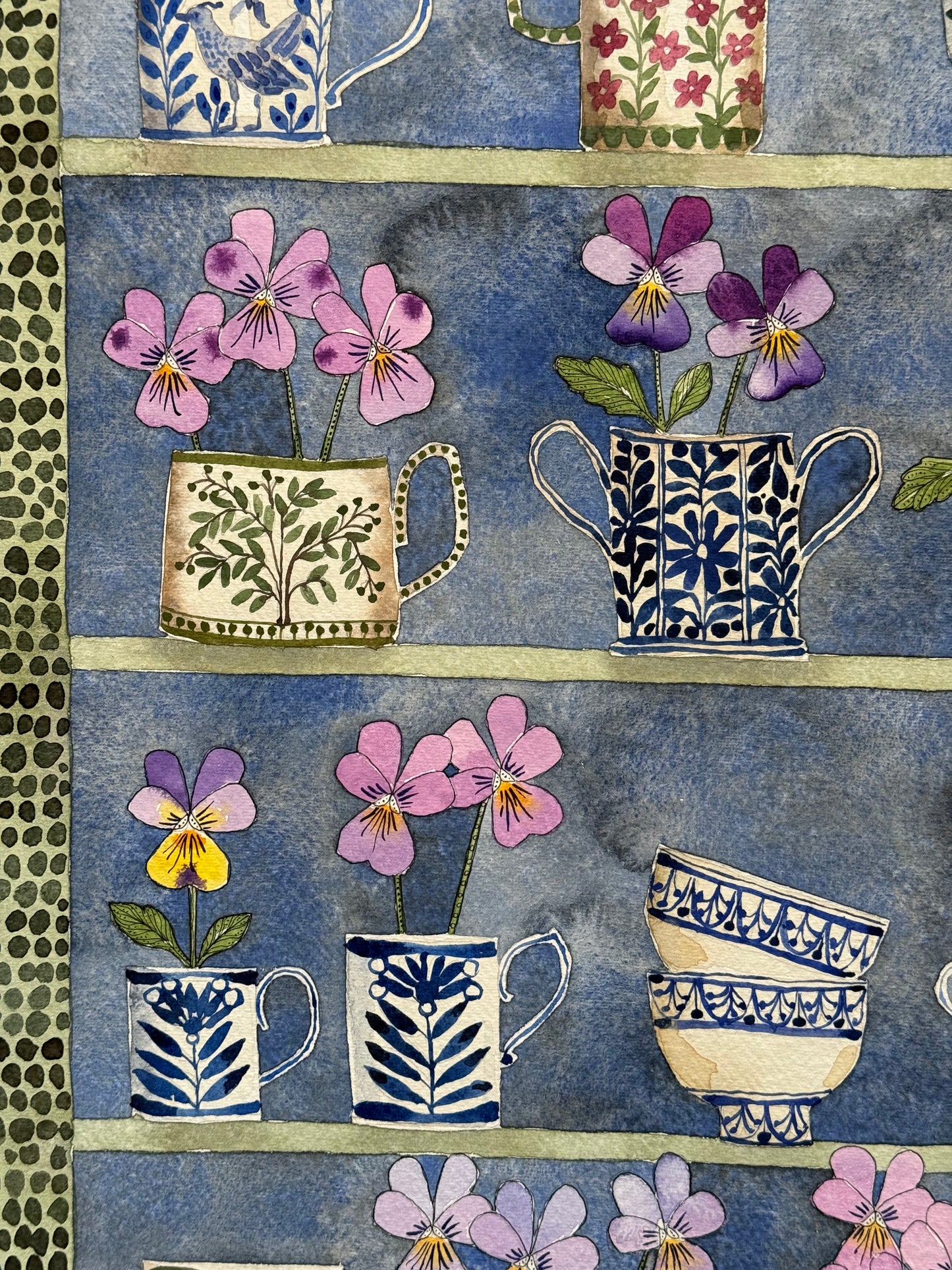 Original, Large Watercolour & ink Violas and Stacked Teacups