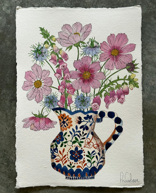 Original, A4 watercolour Cosmos  foxgloves & love in a mist Flowers in a Jug.
