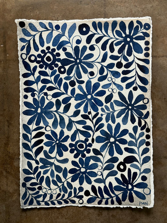 Original, A3 Blues & Indigo Flower Pattern Painting