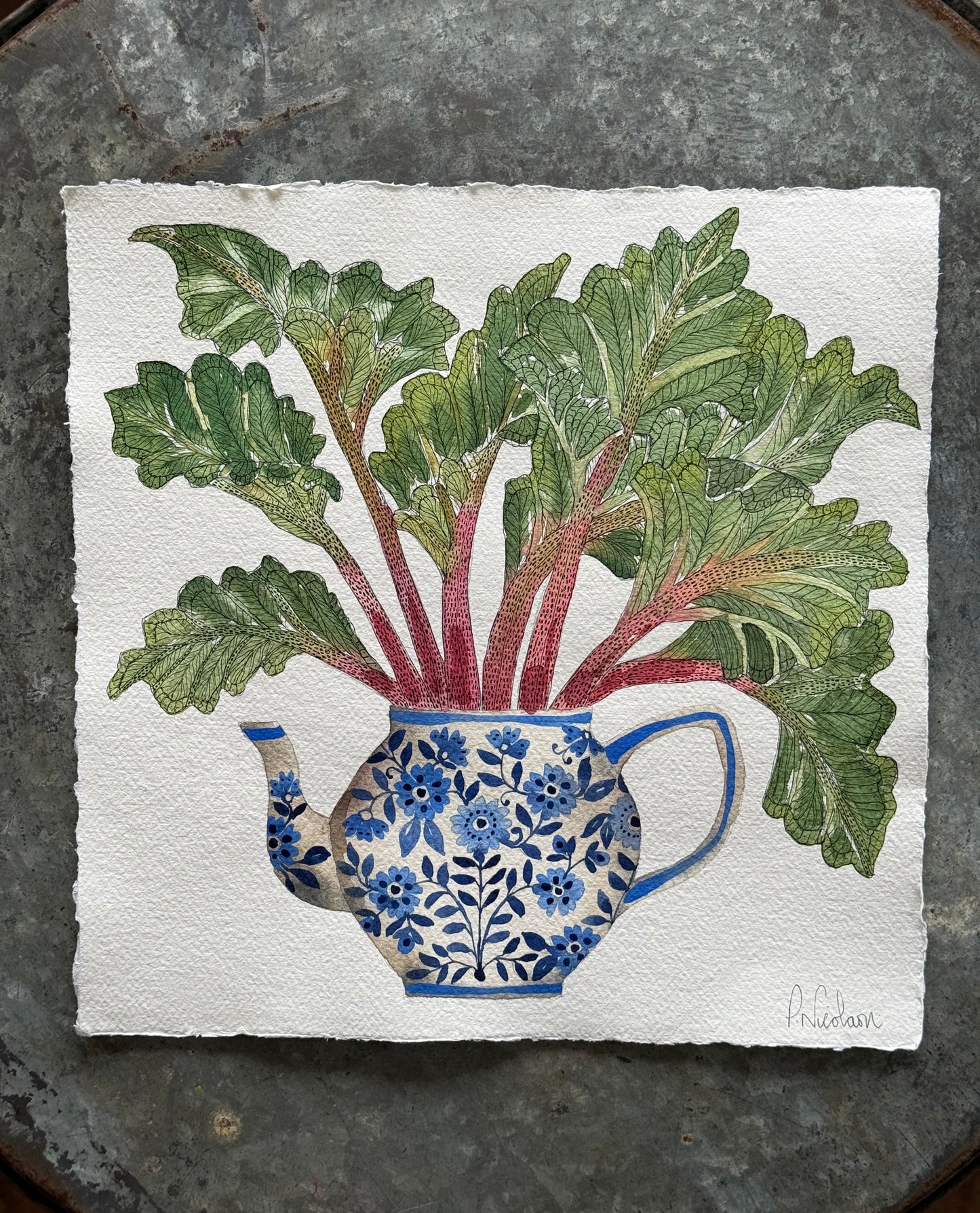 Original, Watercolour Rhubarb arranged in a Delft Teapot