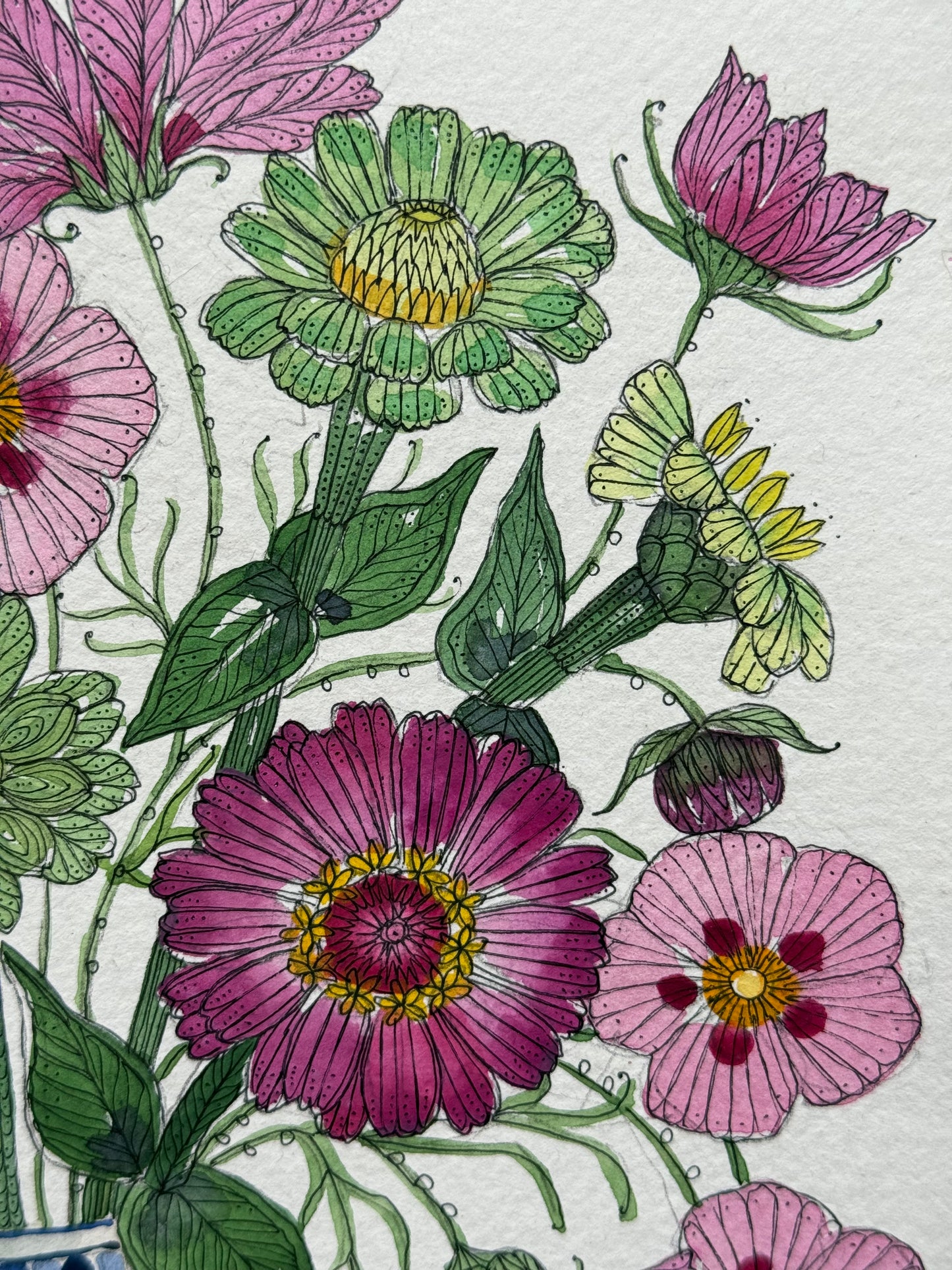 Original, A4 Watercolour painting of Cut garden Flowers in a delft Vase.
