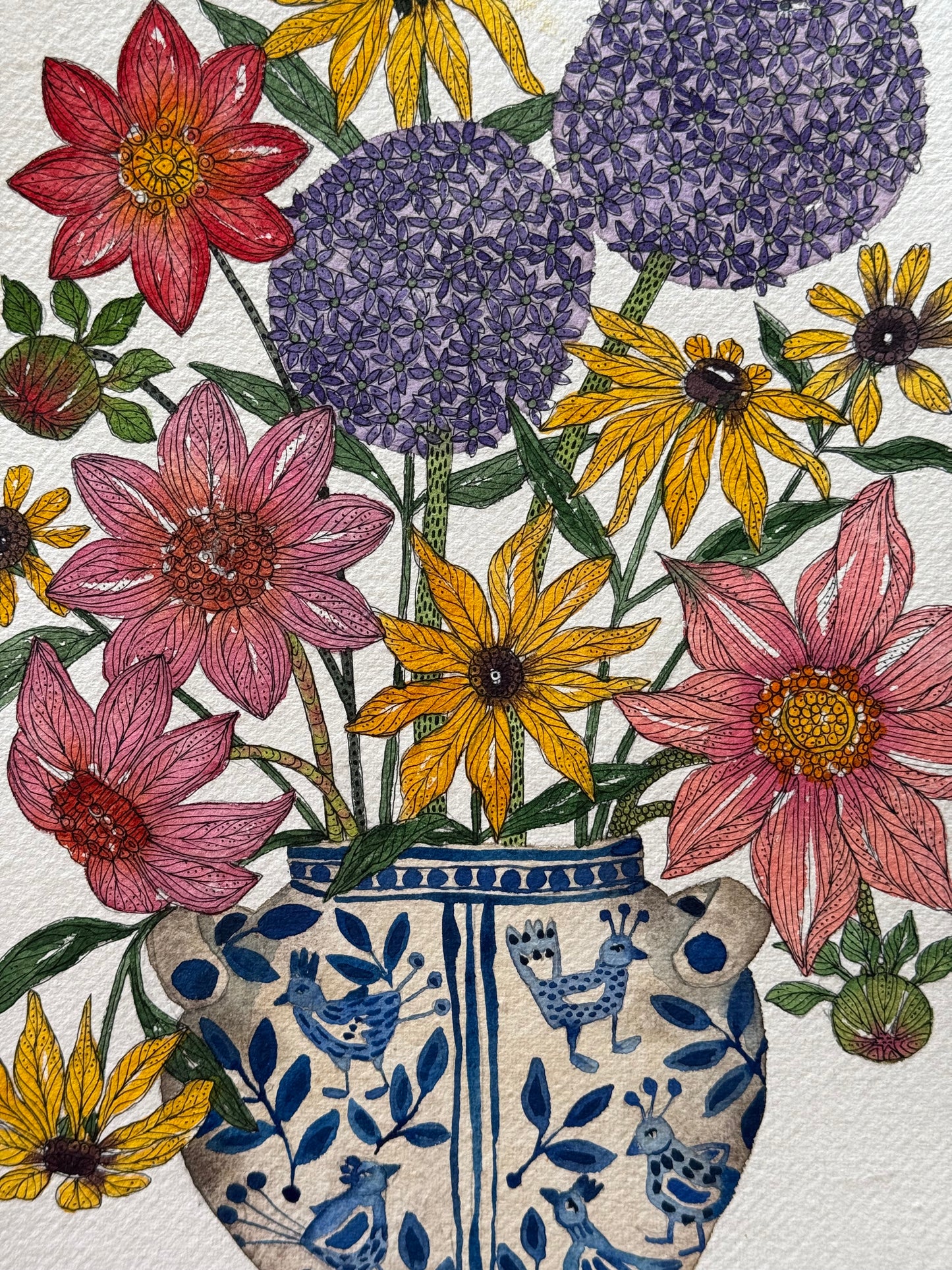 A4, Original Watercolour & Pen Summer Flowers in a Bird Vase