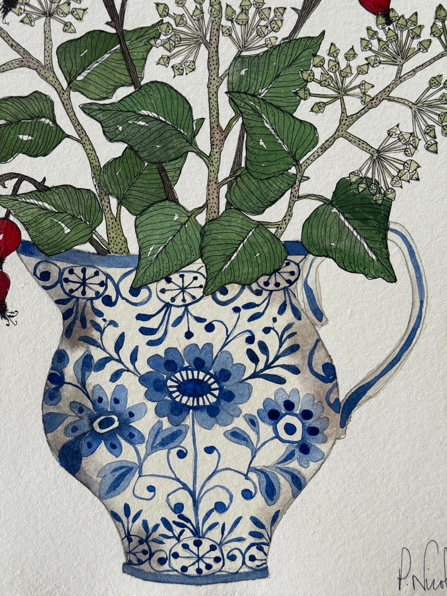 Original, A4 watercolour Ivy & Rosehips in a Delft Jug