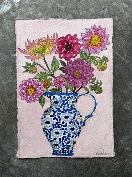 Original, A4 Watercolour painting of Dahlias in a Ceramic Vase