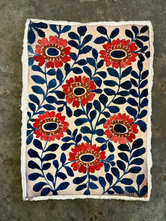 Original, A6 Blue & Red Floral Watercolour Painting