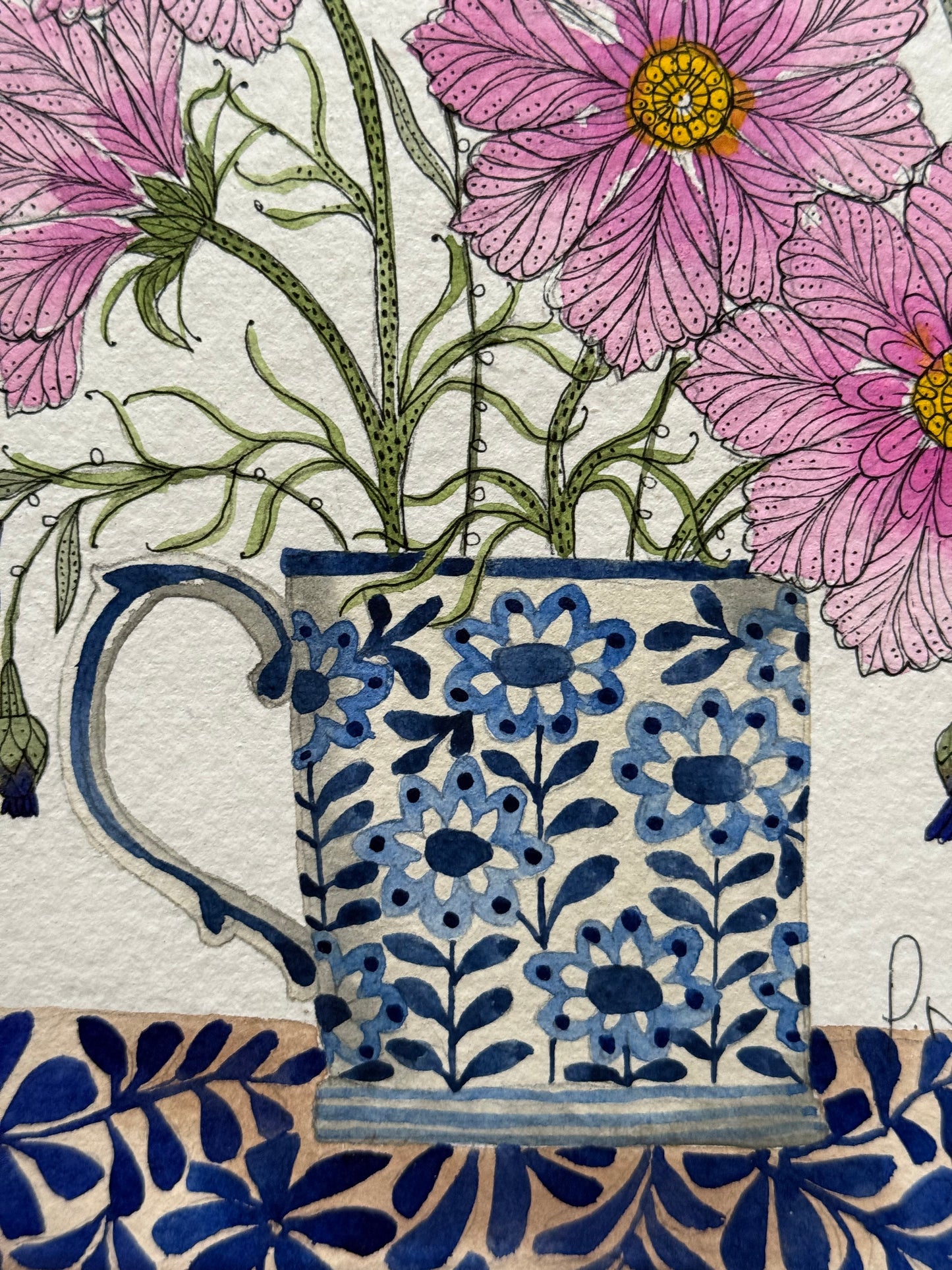 Original A5 Watercolour Painting, Cosmos & Cornflowers