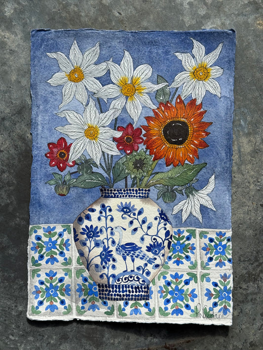 Original, A4 Watercolour Dahlias and a Sunflower in a Delft inspired Vase