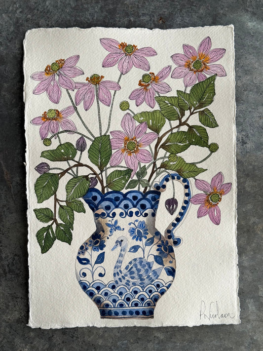 Original, A4 watercolour Anemones and Foliage in a Delft inspired ceramic Vase