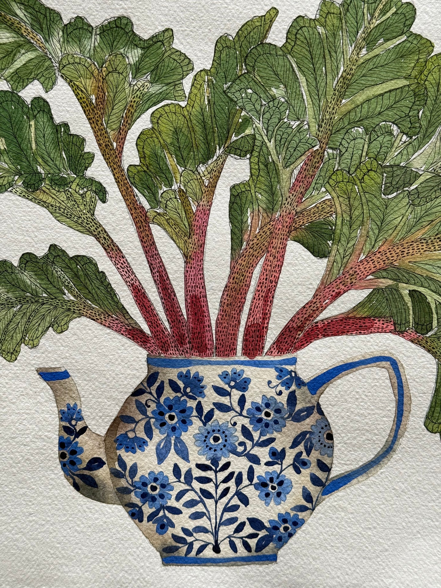 Original, Watercolour Rhubarb arranged in a Delft Teapot