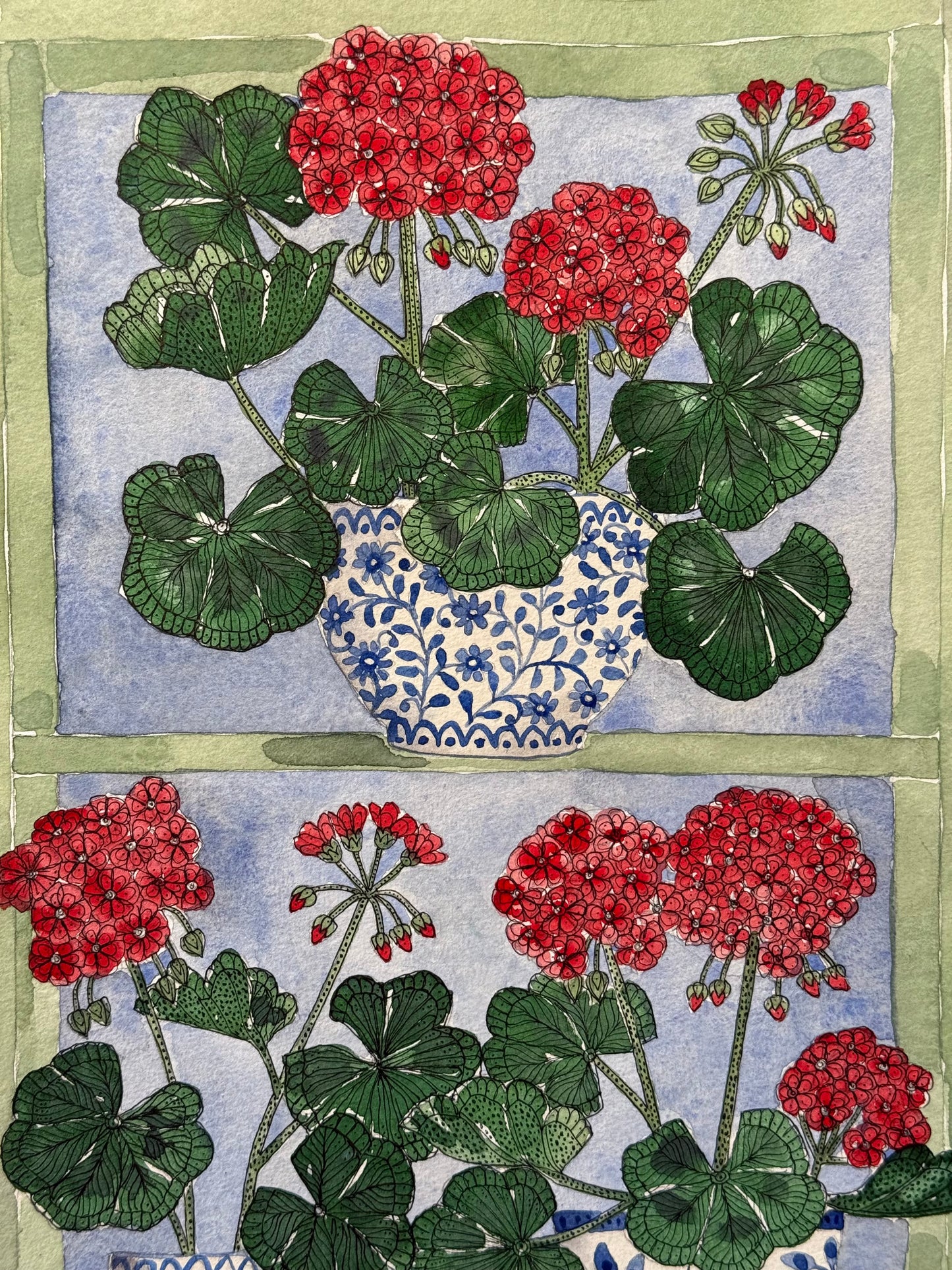 Original (A4) Geraniums on the windowsill, Watercolour Painting.