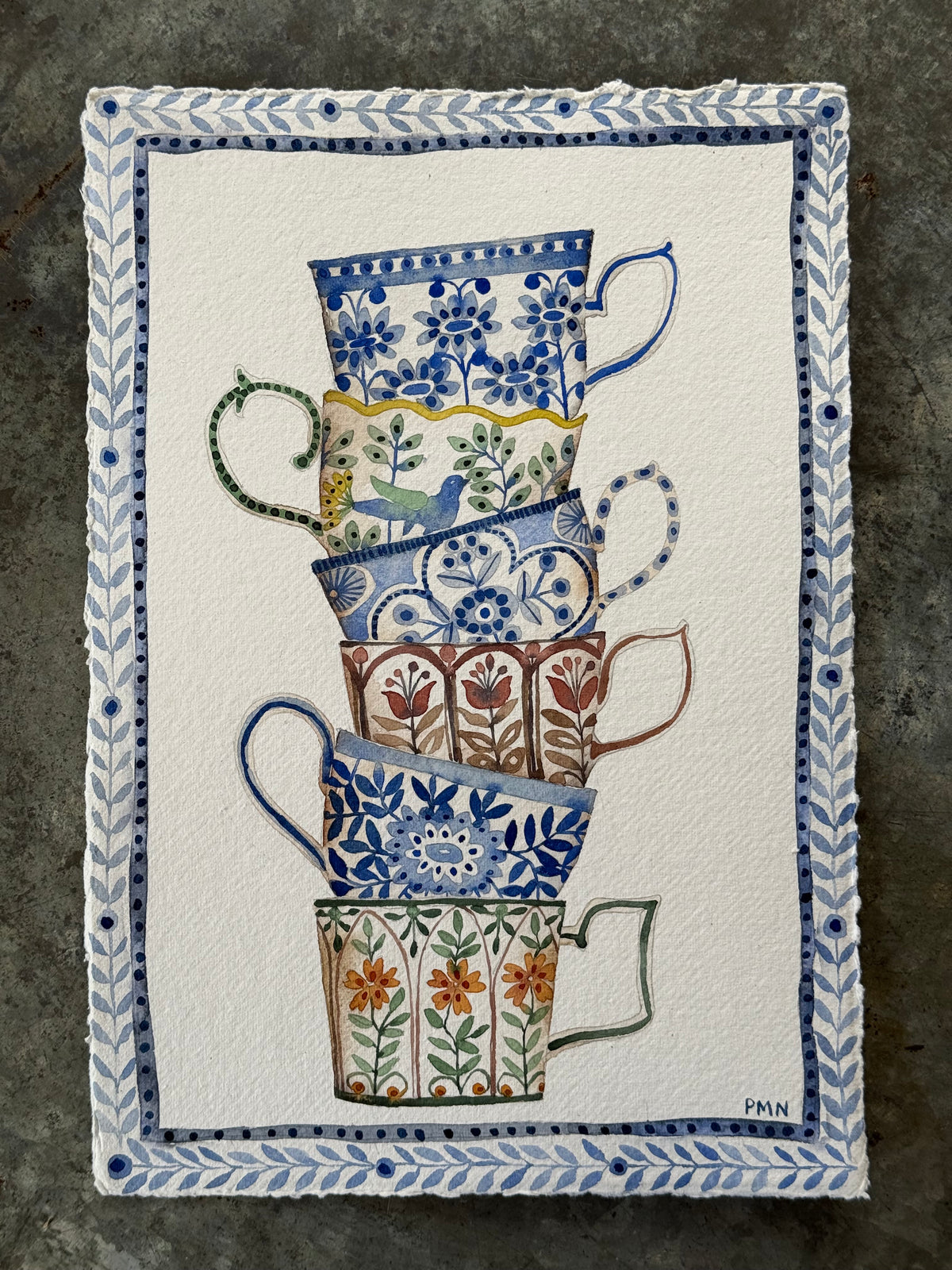 A4, Original Watercolour Stacked Teacups on Paper