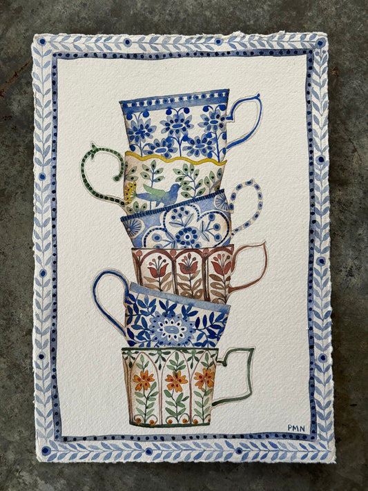 A4, Original Watercolour Stacked Teacups on Paper