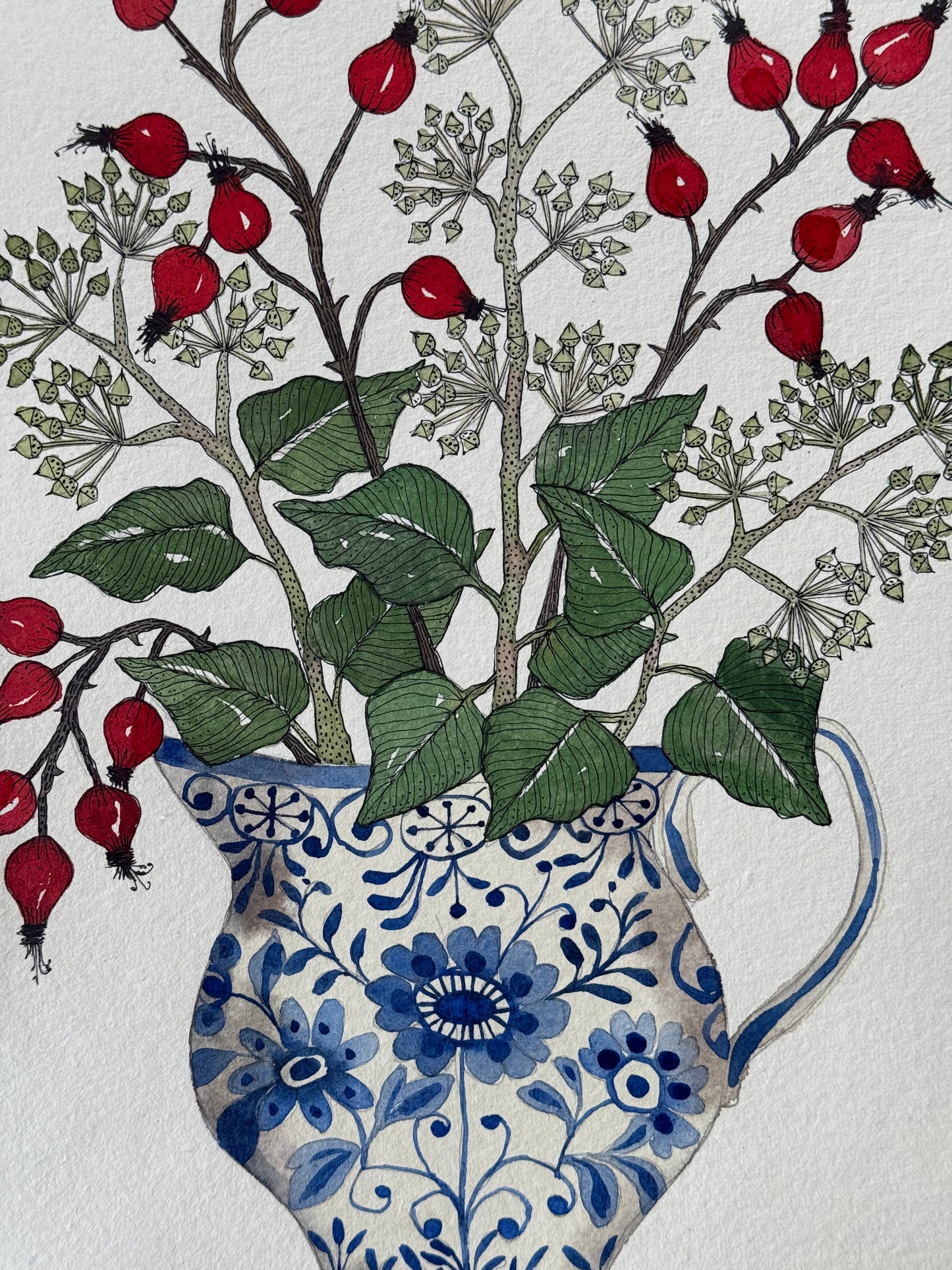 Original, A4 watercolour Ivy & Rosehips in a Delft Jug