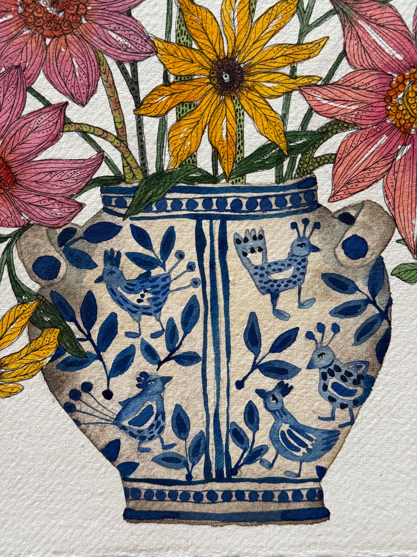 A4, Original Watercolour & Pen Summer Flowers in a Bird Vase