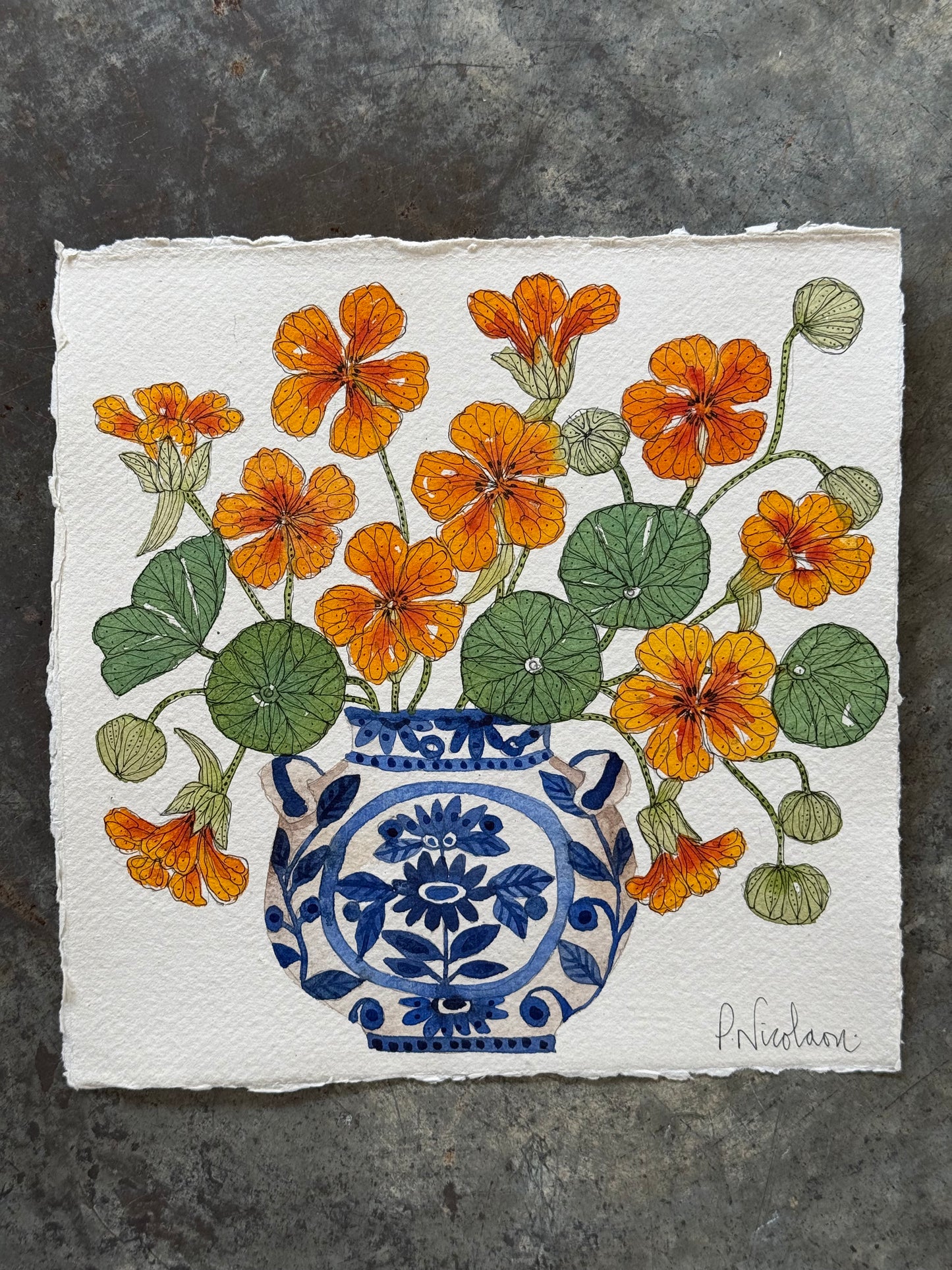 Original, Watercolour & Pen dancing Nasturtiums