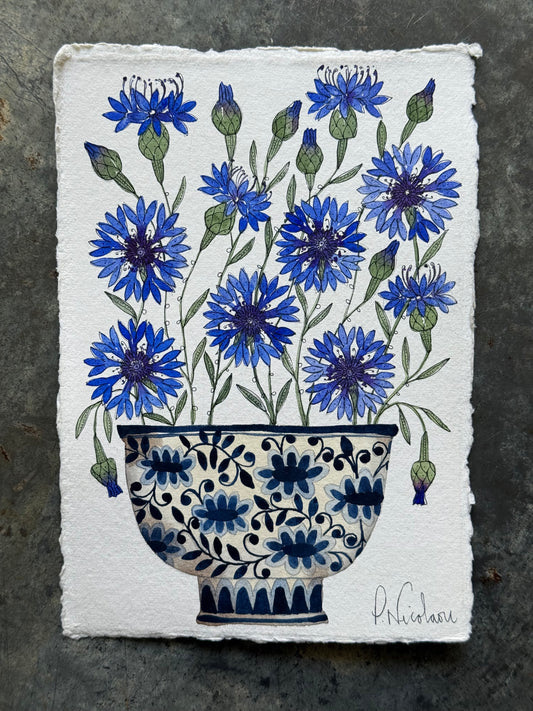 Original, A5, watercolour painting of Cornflowers in a little patterned Pot