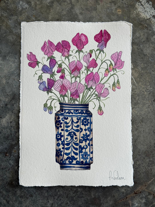 Original Watercolour Painting of Sweetpea Flowers in a Vase