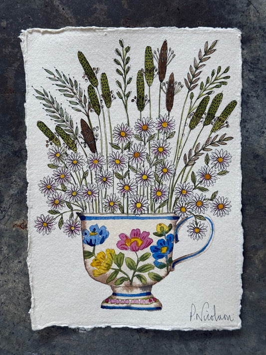 A5, Original, Watercolour Daisies & Grasses in a Teacup