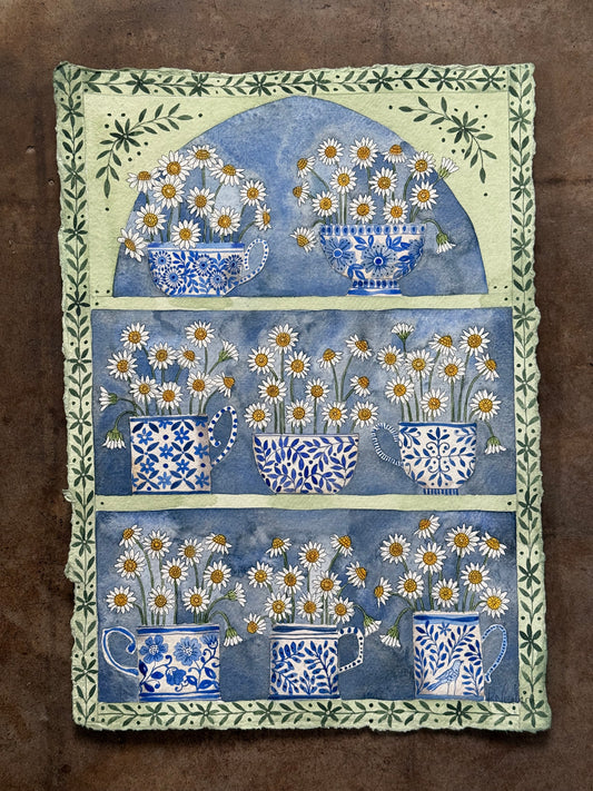 Original, A3 Watercolor painting of Daisy flowers in delftware.