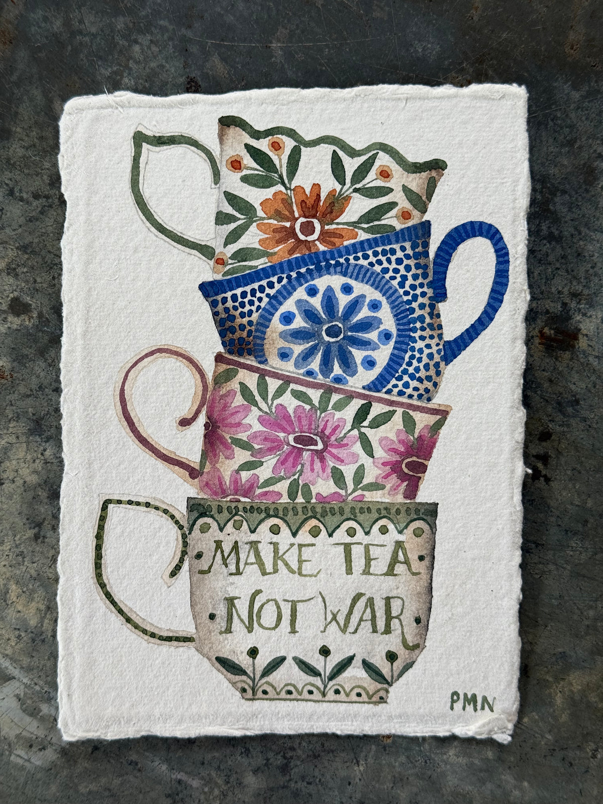 A6, Original Watercolour Stacked Colourful Teacups ‘Make Tea Not War’