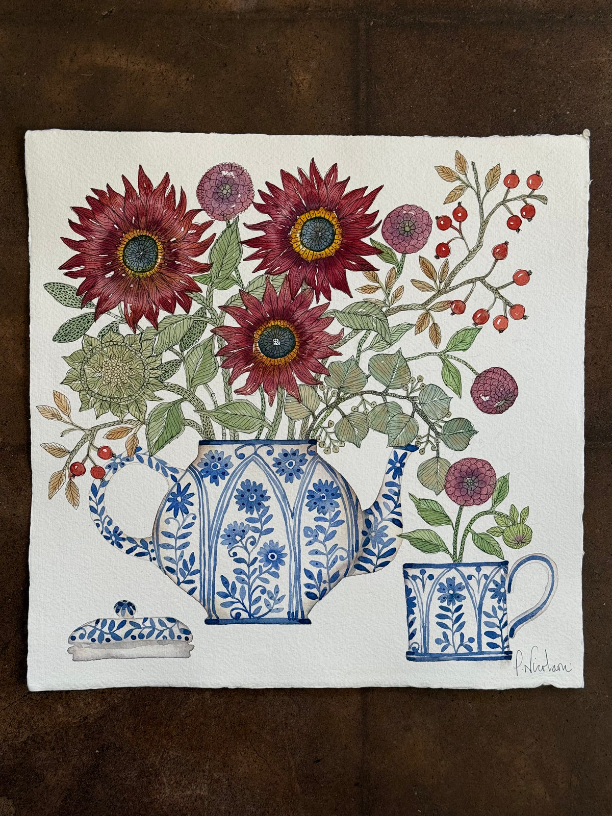 Large, Original Watercolour Autumnal Flowers & Teapot