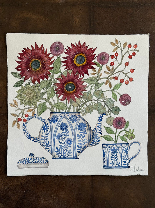 Large, Original Watercolour Autumnal Flowers & Teapot