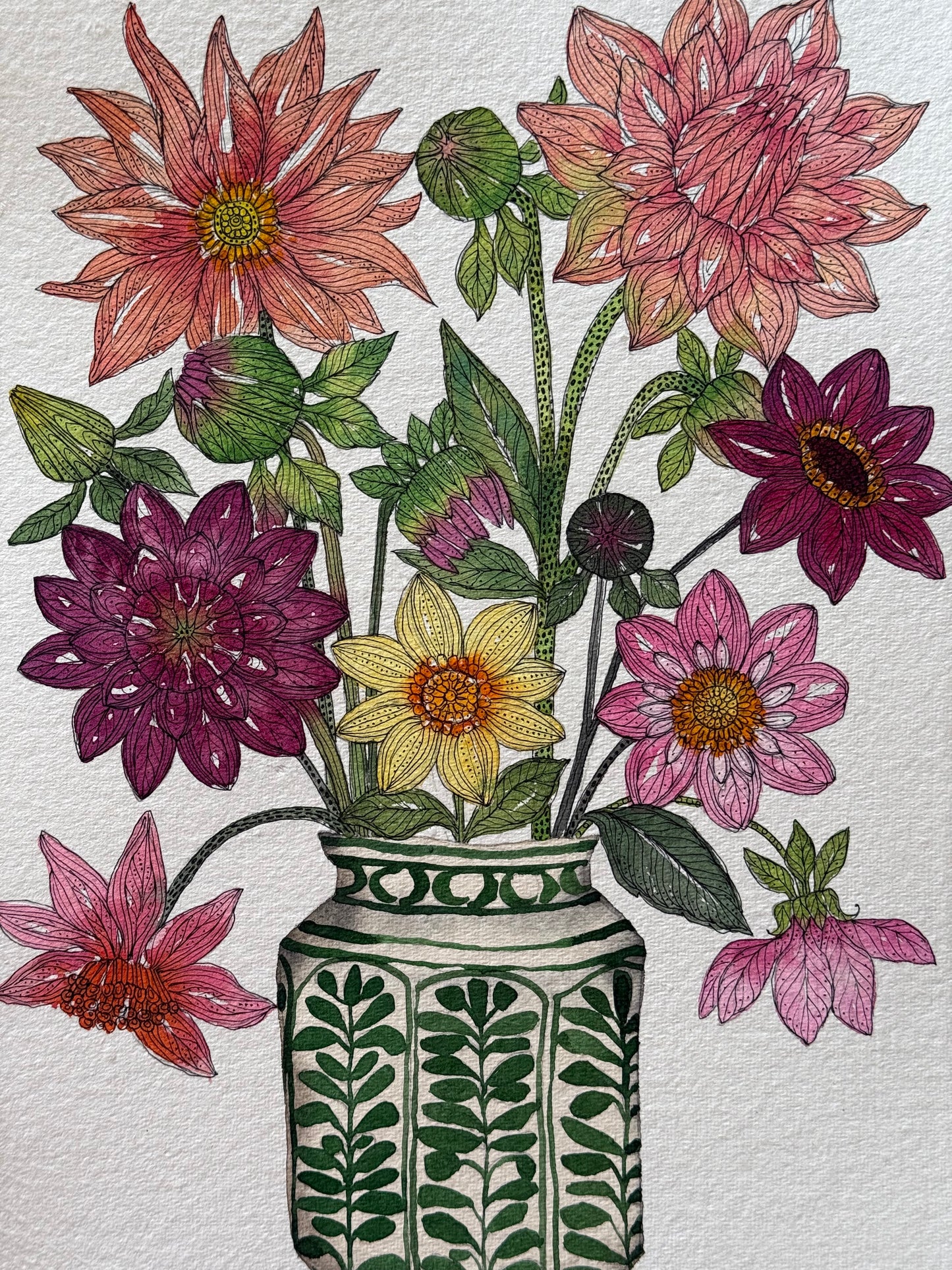 A4, Original Watercolour & Pen Dahlias in a Vase