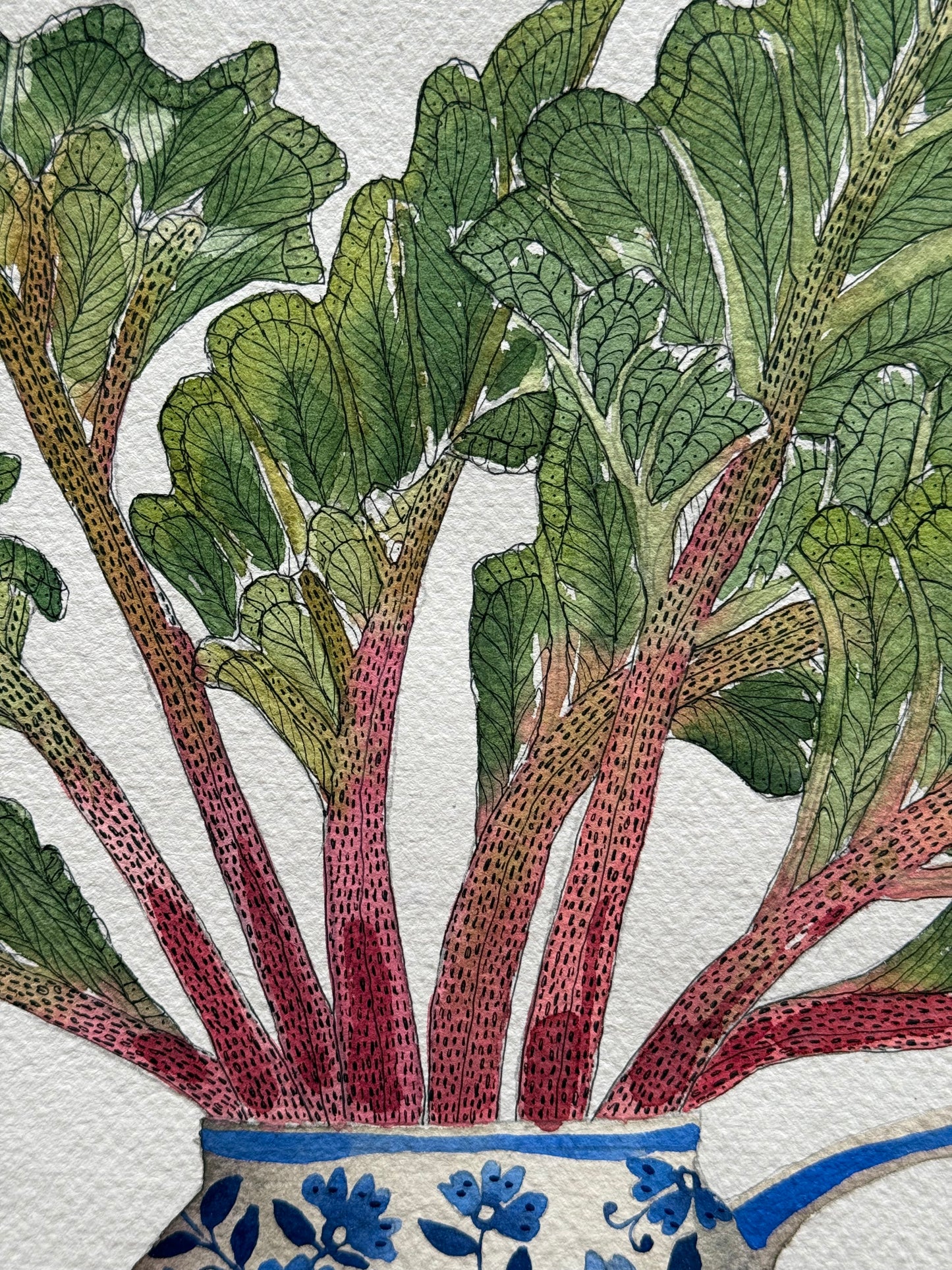 Original, Watercolour Rhubarb arranged in a Delft Teapot