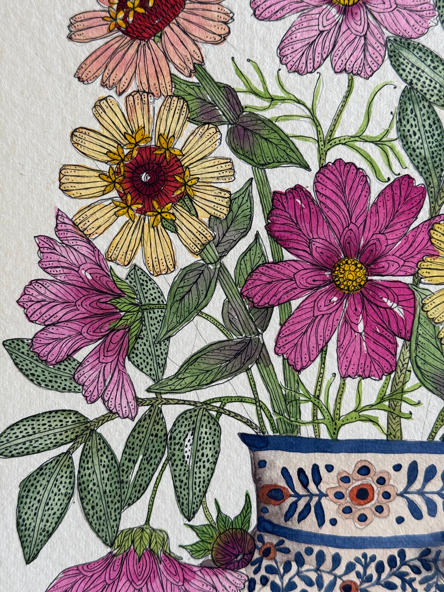Original, A4 watercolour painting of Zinnias, Cosmos, Scabiosa & Foliage in a Patterned Ceramic Vase.