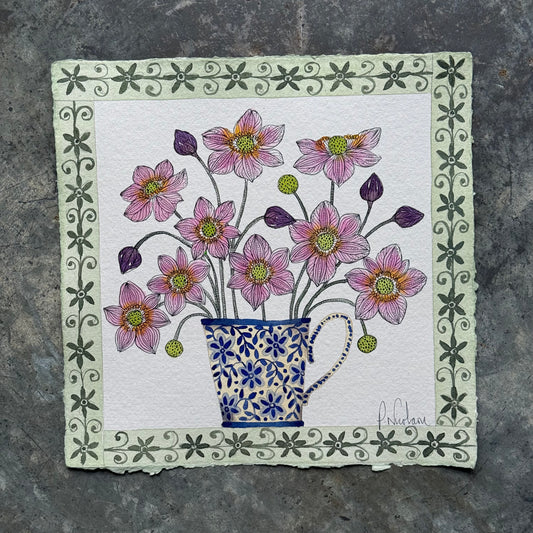 Original watercolour painting of Anemones in a ceramic mug.