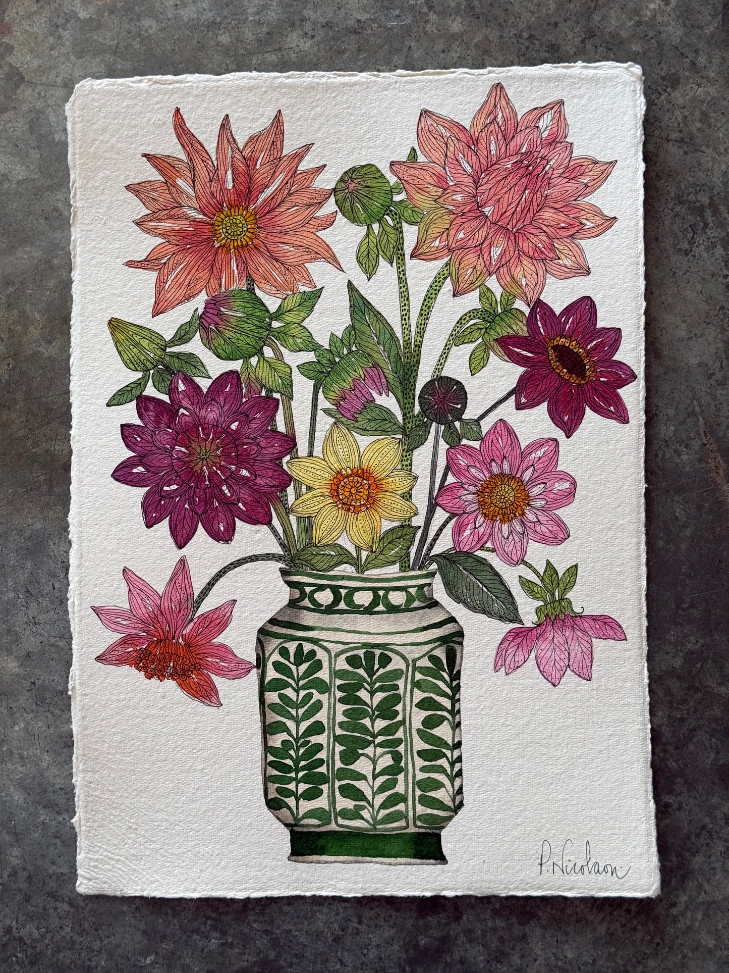 A4, Original Watercolour & Pen Dahlias in a Vase