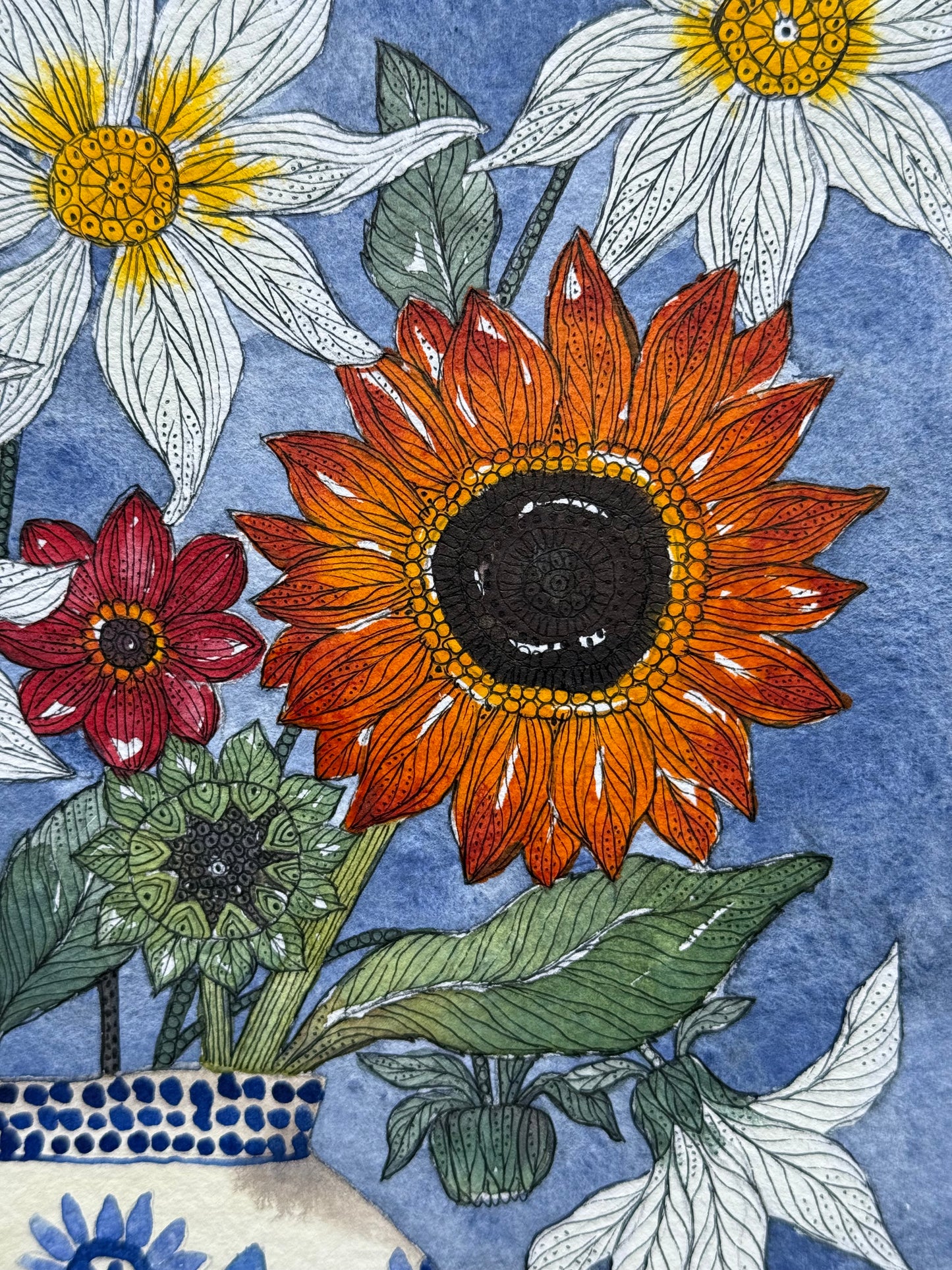 Original, A4 Watercolour Dahlias and a Sunflower in a Delft inspired Vase