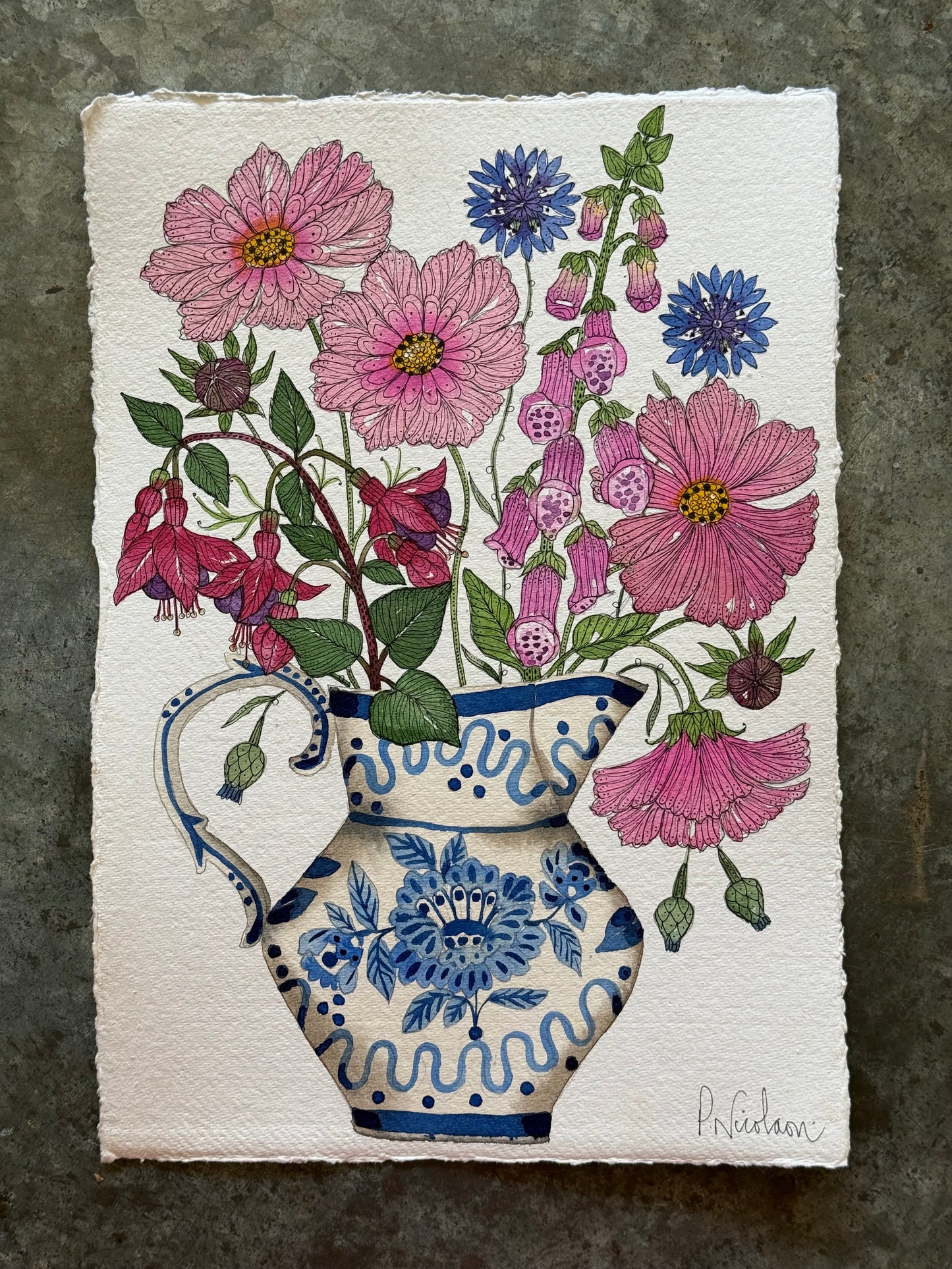 A4, Original Watercolour & Pen Pink Flowers in a blue & white Jug