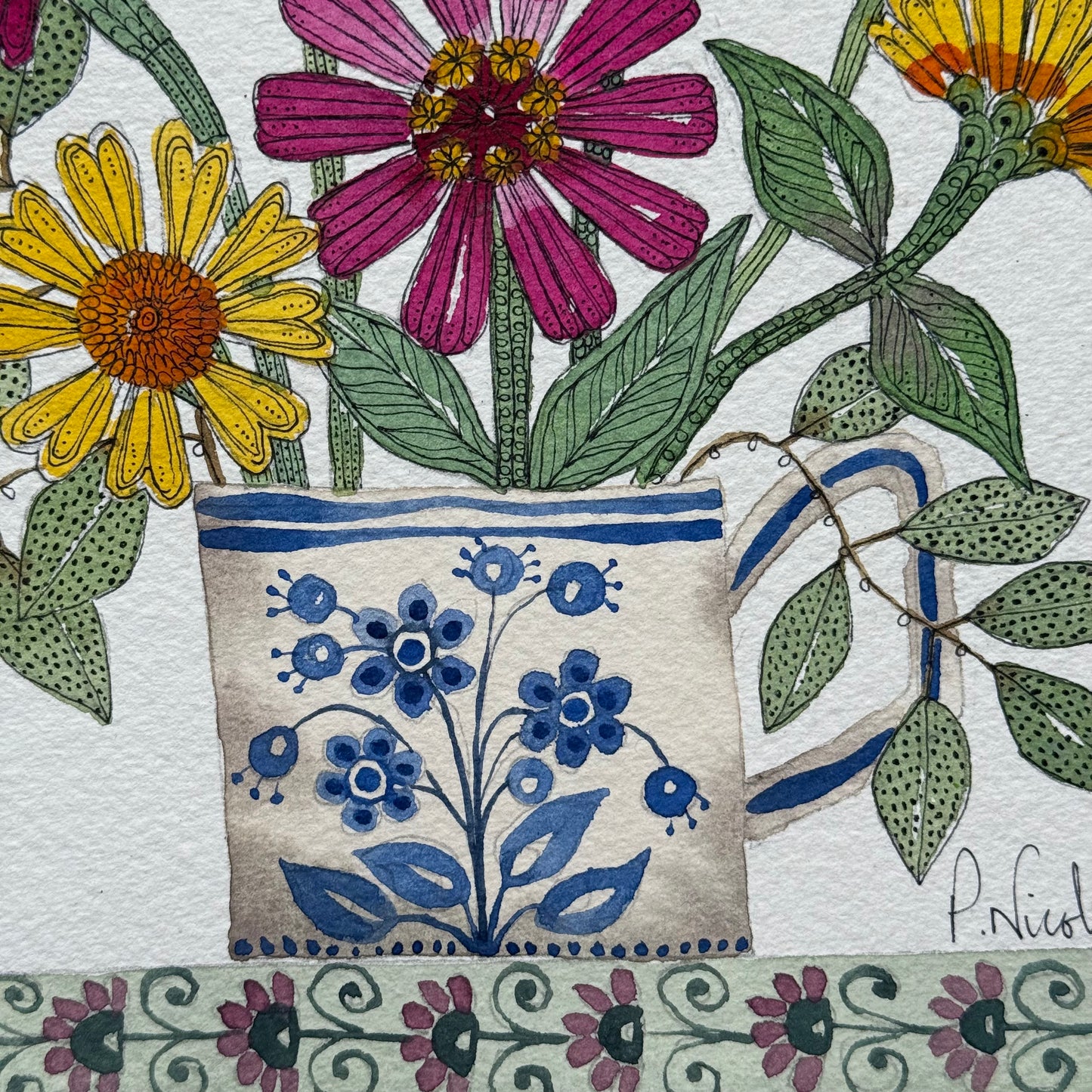 Original, watercolour painting of Zinnias in a delft teacup.